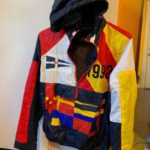 1992 men’s Reason windbreaker multi color, multi pocket and hood